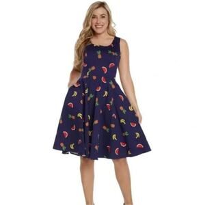 Eva Rose V-Neck Sleeveless Fit & Flare Mixed Fruit Print dress, pinup‎ dress，L